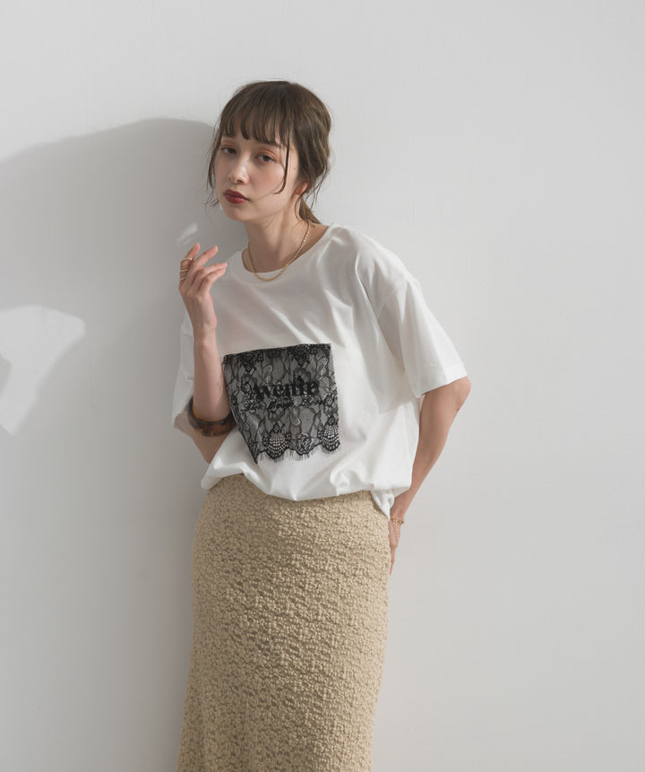 【SET】レースロゴ刺繍Tシャツ+ブークレメロウフレアスカート(2set)