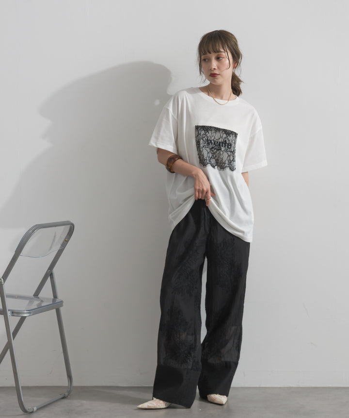 【SET】レースロゴ刺繍Tシャツ+フラワー刺繍シアーパンツ(2set)