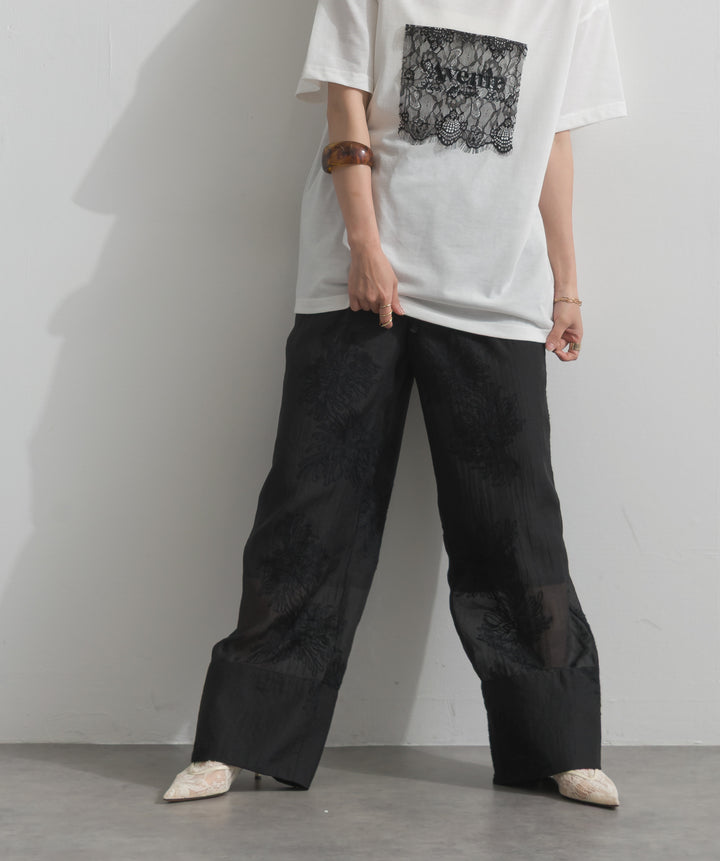 【SET】レースロゴ刺繍Tシャツ+フラワー刺繍シアーパンツ(2set)