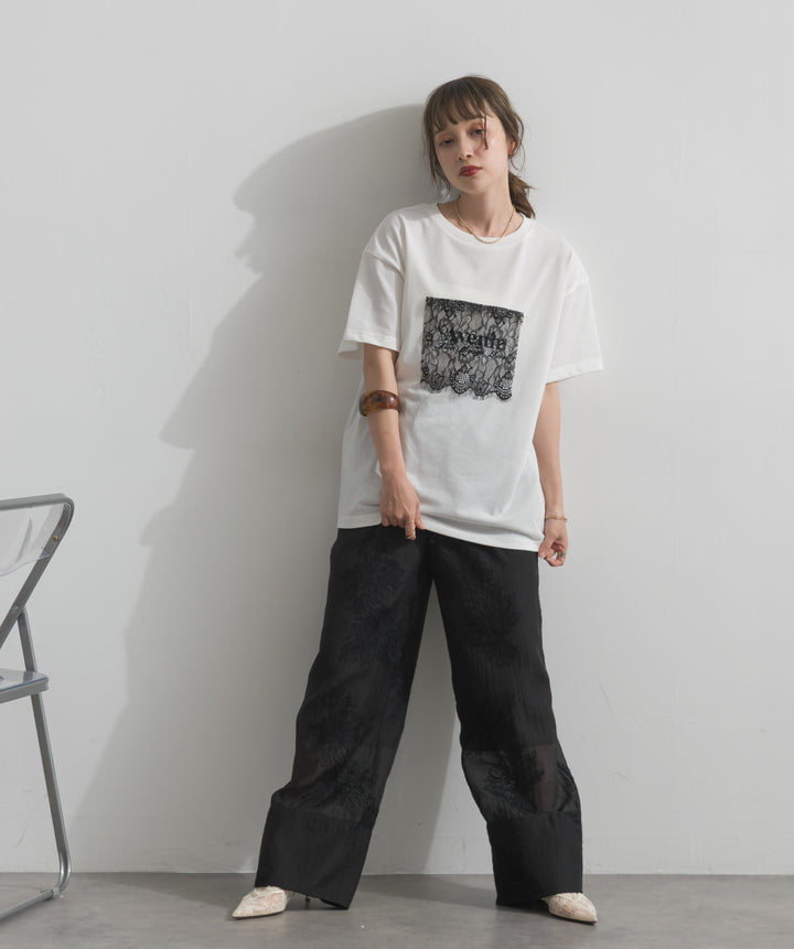 【SET】レースロゴ刺繍Tシャツ+フラワー刺繍シアーパンツ(2set)