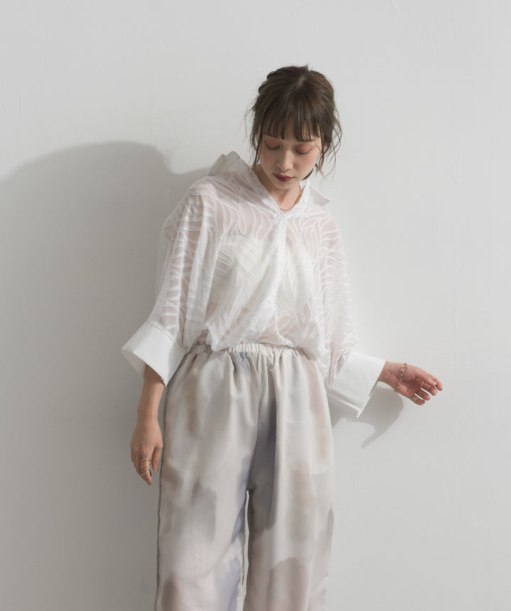 【SET】シアーウェーブジャガードシャツブラウス+水彩総柄シアーパンツ(2set)