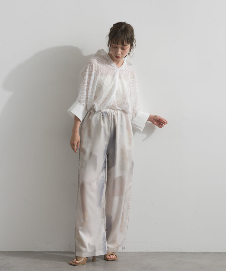 【SET】シアーウェーブジャガードシャツブラウス+水彩総柄シアーパンツ(2set)