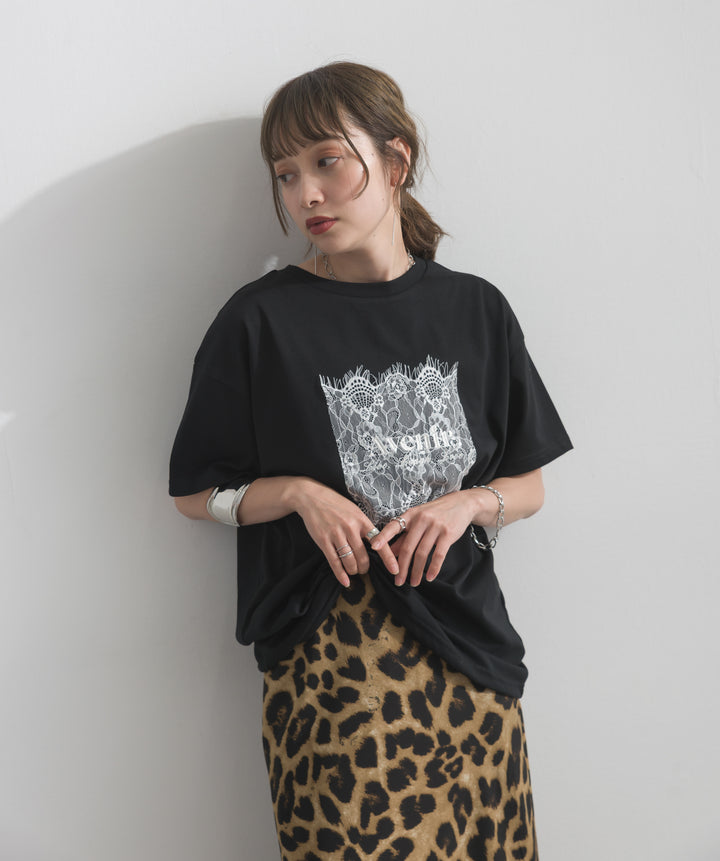 【SET】レースロゴ刺繍Tシャツ+レオパードサテンナロースカート(2set)