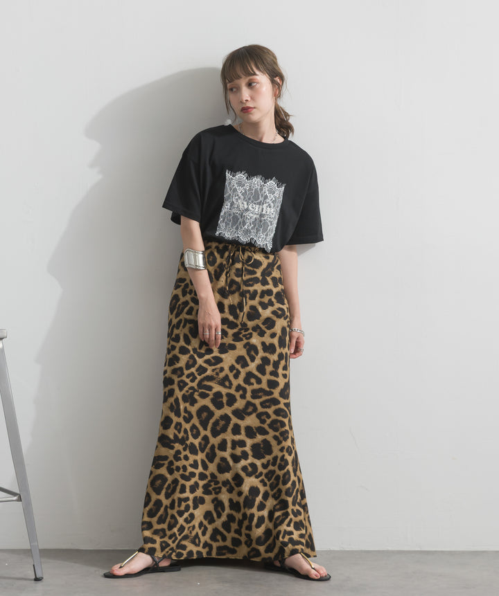 【SET】レースロゴ刺繍Tシャツ+レオパードサテンナロースカート(2set)