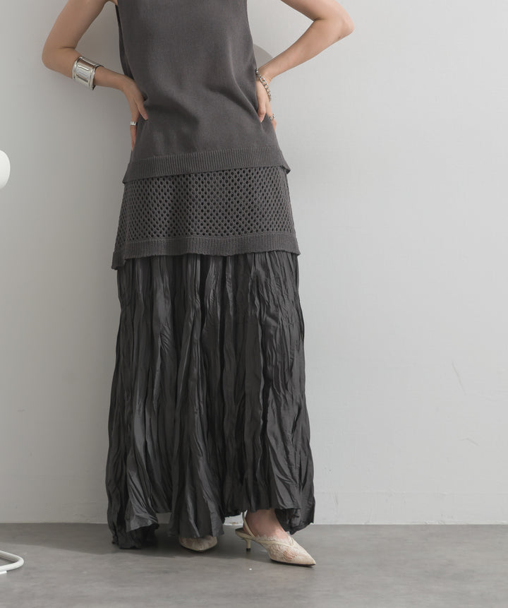 【SET】ニットタンク×メッシュラップスカートセット+ワッシャープリーツロングスカート(2set)