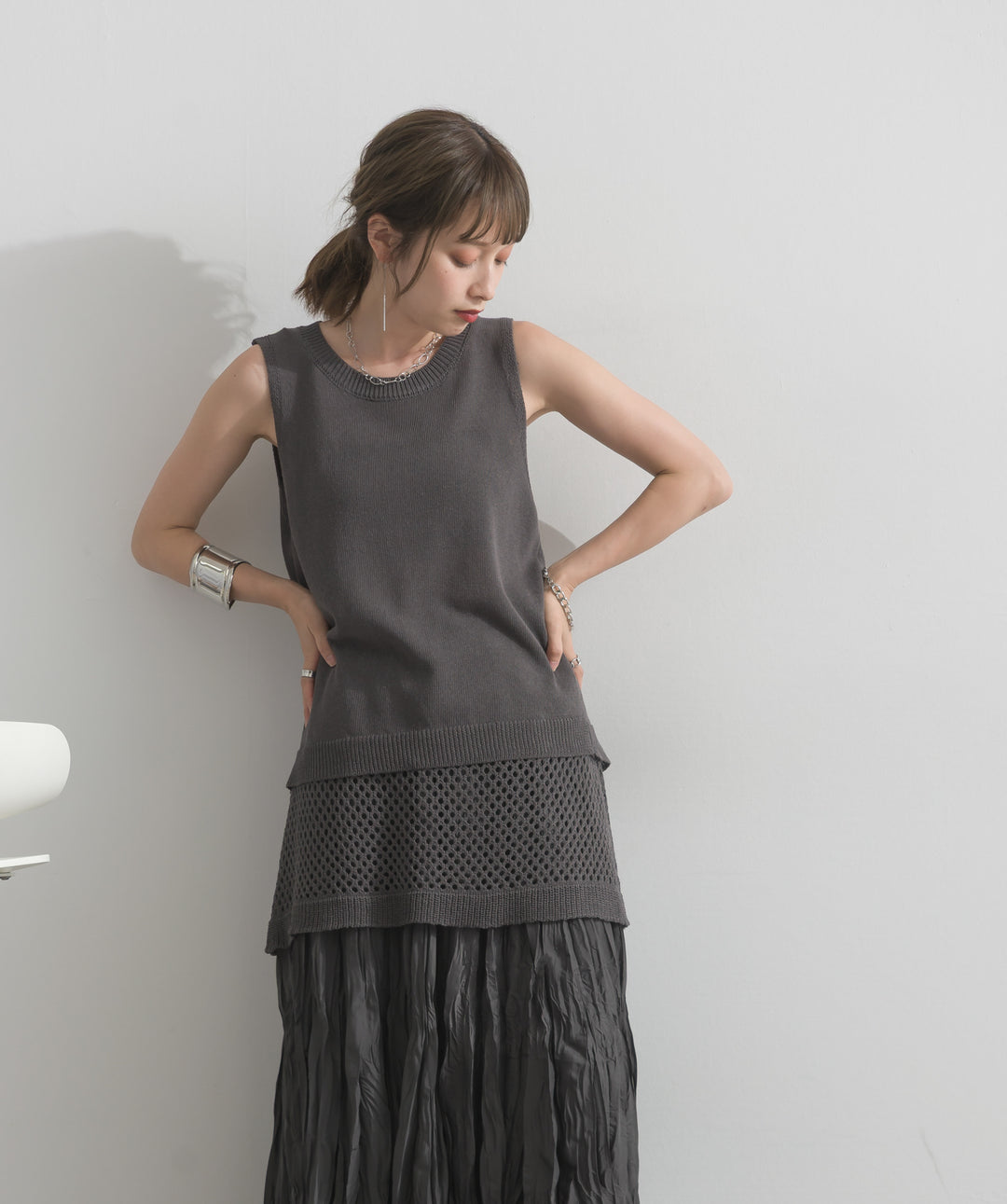 【SET】ニットタンク×メッシュラップスカートセット+ワッシャープリーツロングスカート(2set)
