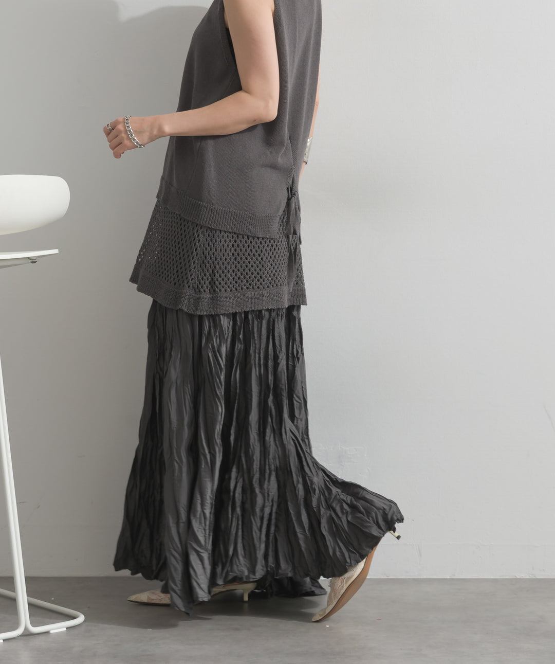 【SET】ニットタンク×メッシュラップスカートセット+ワッシャープリーツロングスカート(2set)