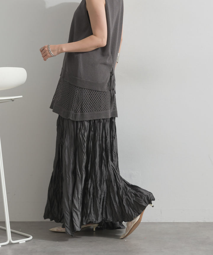 【SET】ニットタンク×メッシュラップスカートセット+ワッシャープリーツロングスカート(2set)