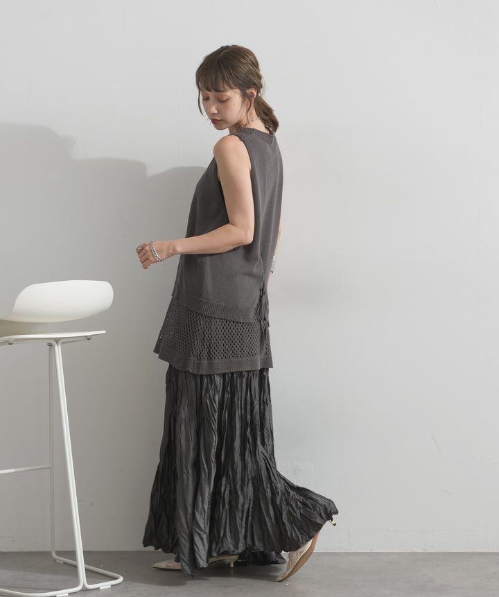 【SET】ニットタンク×メッシュラップスカートセット+ワッシャープリーツロングスカート(2set)