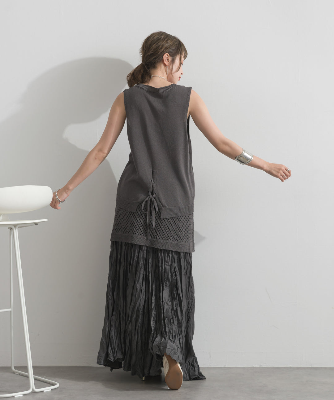 【SET】ニットタンク×メッシュラップスカートセット+ワッシャープリーツロングスカート(2set)