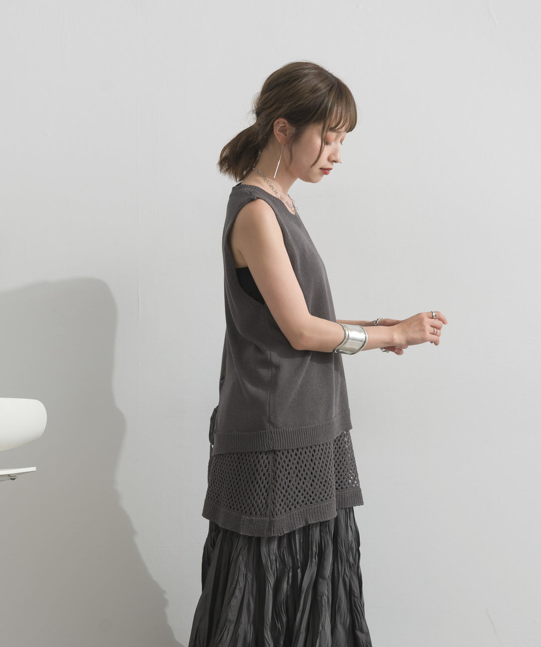 【SET】ニットタンク×メッシュラップスカートセット+ワッシャープリーツロングスカート(2set)