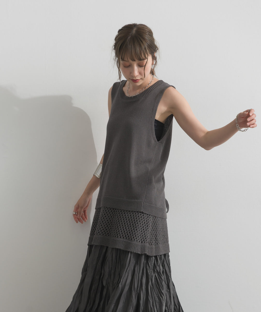 【SET】ニットタンク×メッシュラップスカートセット+ワッシャープリーツロングスカート(2set)