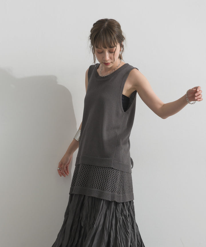 【SET】ニットタンク×メッシュラップスカートセット+ワッシャープリーツロングスカート(2set)