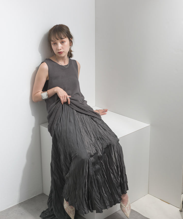 【SET】ニットタンク×メッシュラップスカートセット+ワッシャープリーツロングスカート(2set)