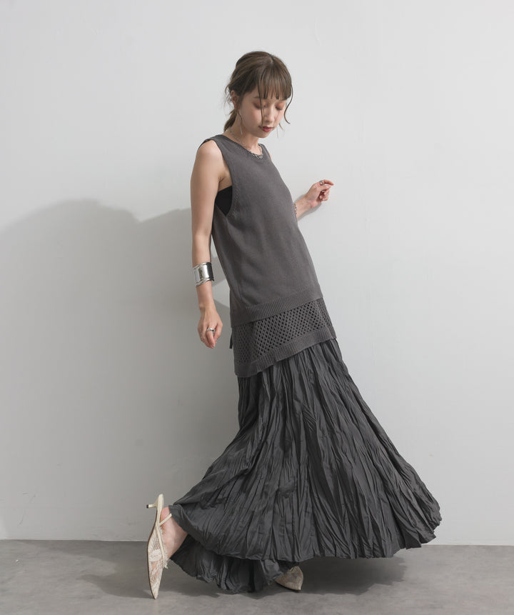 【SET】ニットタンク×メッシュラップスカートセット+ワッシャープリーツロングスカート(2set)