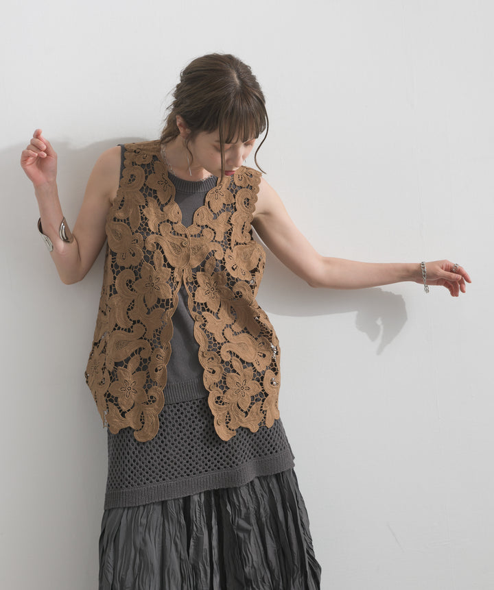 【SET】フラワーレースVネックノースリーブトップス+ニットタンク×メッシュラップスカートセット+ワッシャープリーツロングスカート(3set)