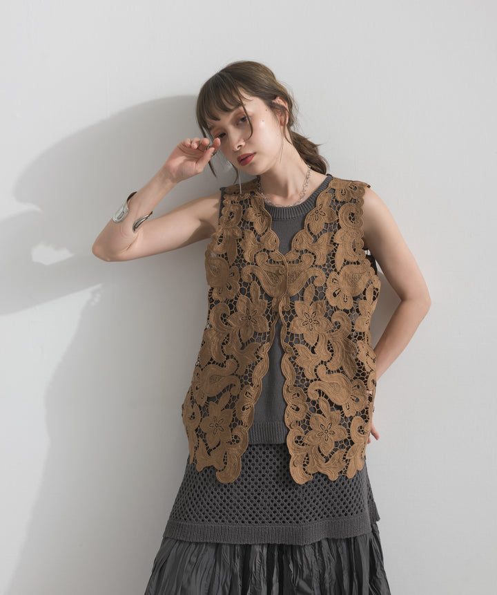 【SET】フラワーレースVネックノースリーブトップス+ニットタンク×メッシュラップスカートセット+ワッシャープリーツロングスカート(3set)