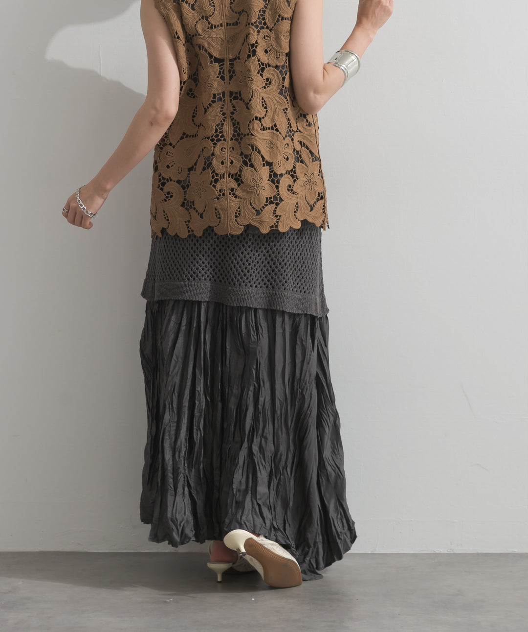 【SET】フラワーレースVネックノースリーブトップス+ニットタンク×メッシュラップスカートセット+ワッシャープリーツロングスカート(3set)