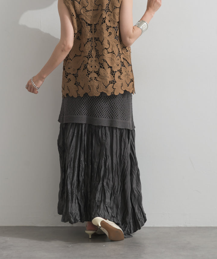 【SET】フラワーレースVネックノースリーブトップス+ニットタンク×メッシュラップスカートセット+ワッシャープリーツロングスカート(3set)