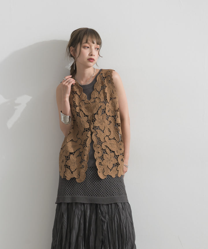 【SET】フラワーレースVネックノースリーブトップス+ニットタンク×メッシュラップスカートセット+ワッシャープリーツロングスカート(3set)