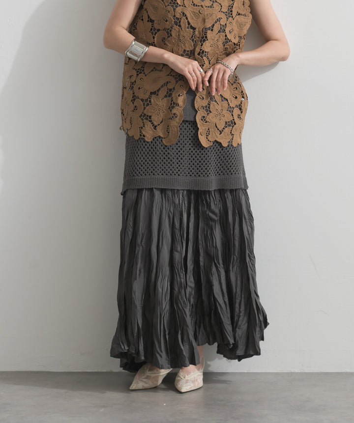 【SET】フラワーレースVネックノースリーブトップス+ニットタンク×メッシュラップスカートセット+ワッシャープリーツロングスカート(3set)