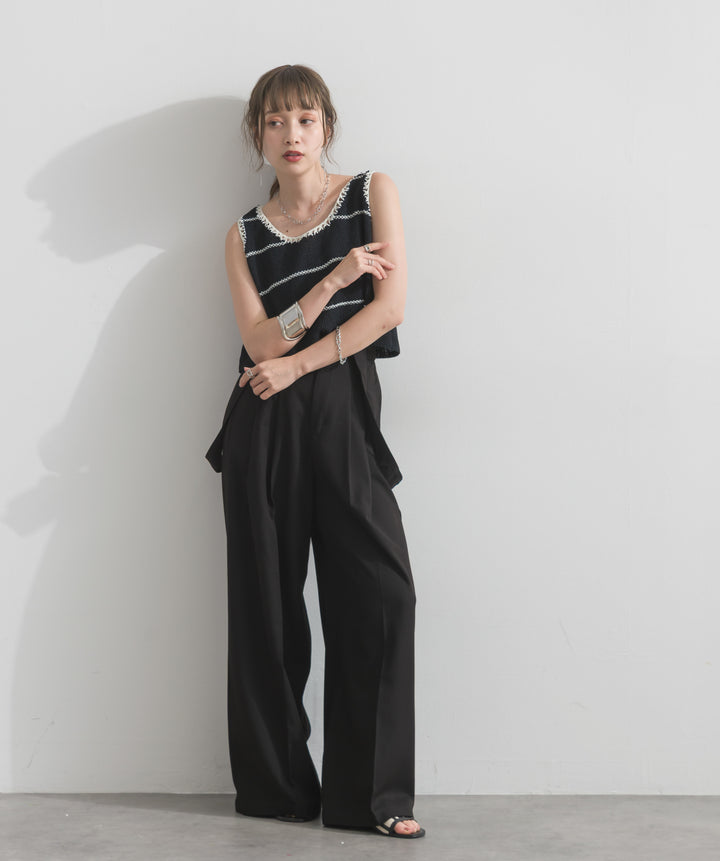 【SET】配色ラインペプラムニットタンクトップ+2WAYラップデザインサロペットパンツ(2set)