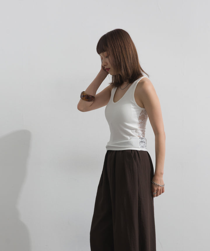 【SET】バックフラワーレースリブタンクトップ+レースヘムバルーンパンツ(2set)