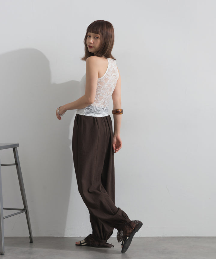 【SET】バックフラワーレースリブタンクトップ+レースヘムバルーンパンツ(2set)