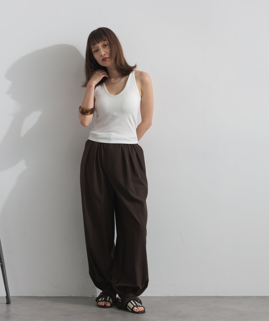 【SET】バックフラワーレースリブタンクトップ+レースヘムバルーンパンツ(2set)