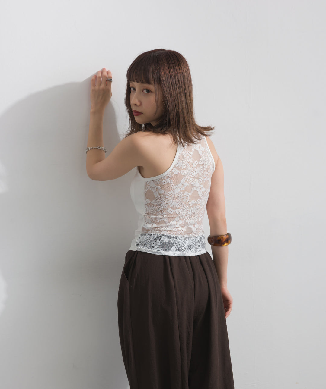 【SET】バックフラワーレースリブタンクトップ+レースヘムバルーンパンツ(2set)