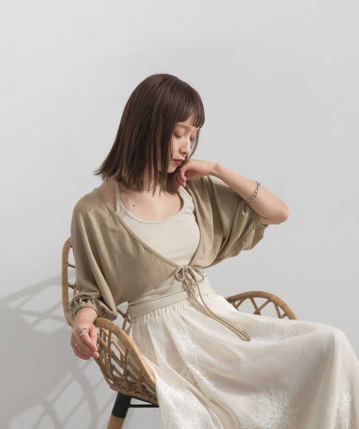 【SET】ホルターネックキャミカーディガンセット+フラワー刺繍シアースカート(2set)