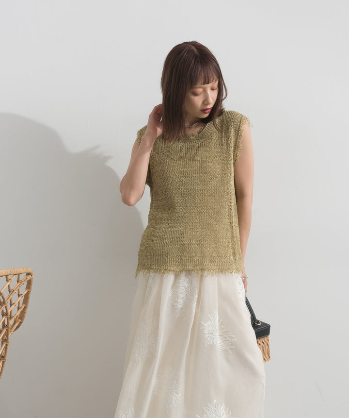 【SET】フリンジメッシュニットベスト+フラワー刺繍シアースカート(2set)