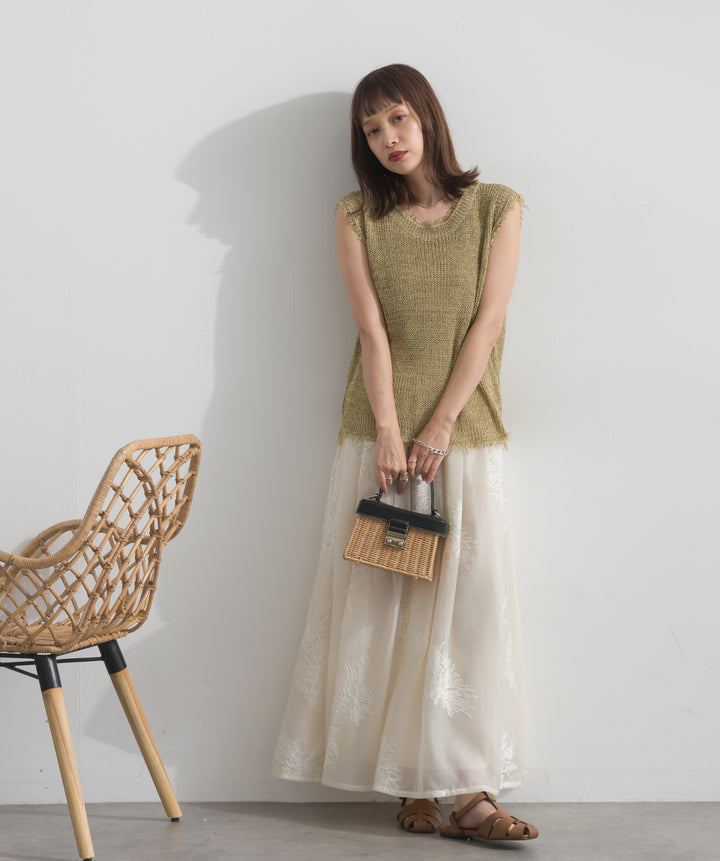 【SET】フリンジメッシュニットベスト+フラワー刺繍シアースカート(2set)