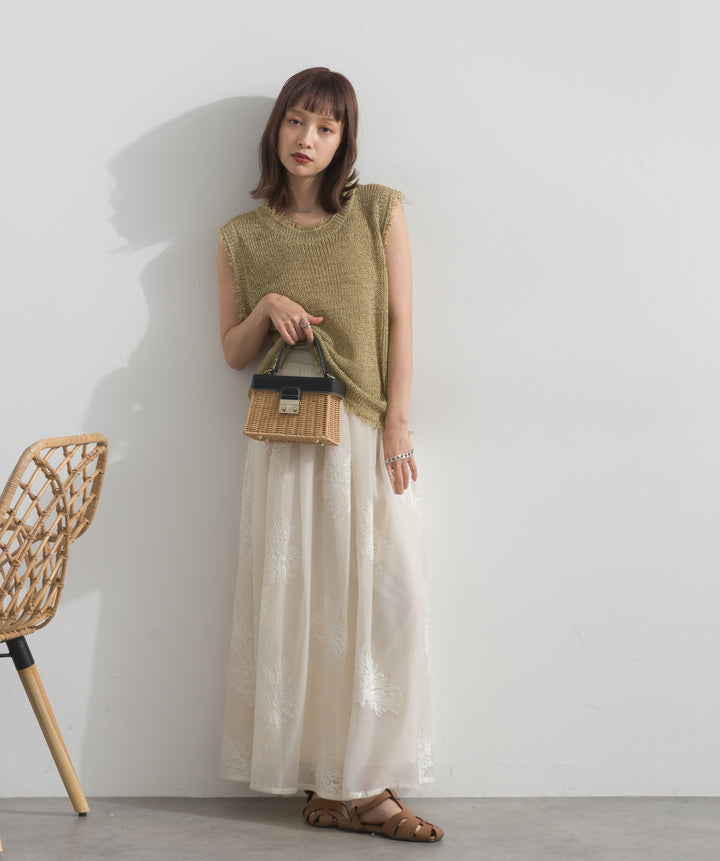 【SET】フリンジメッシュニットベスト+フラワー刺繍シアースカート(2set)