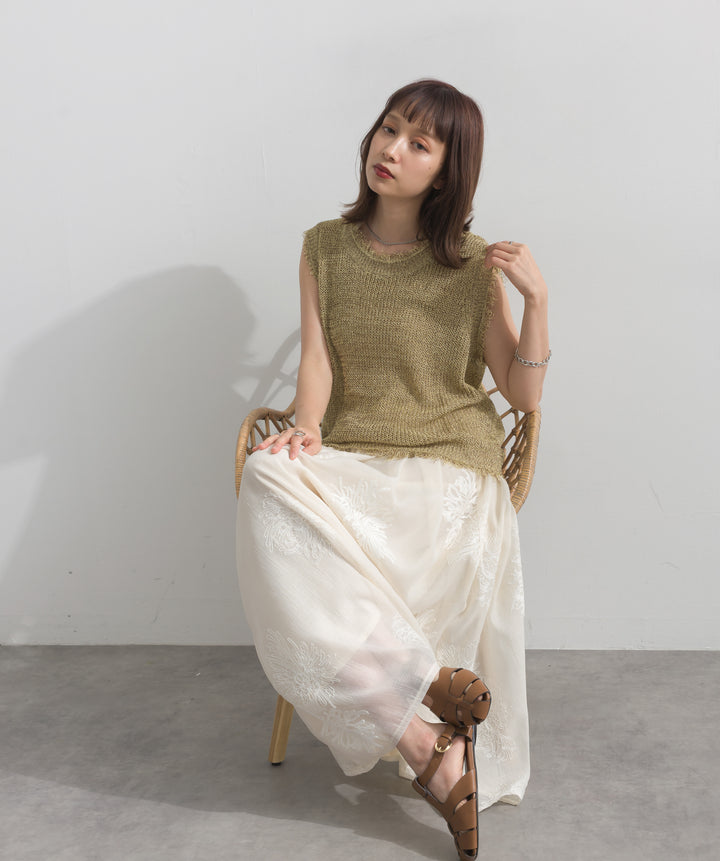 【SET】フリンジメッシュニットベスト+フラワー刺繍シアースカート(2set)