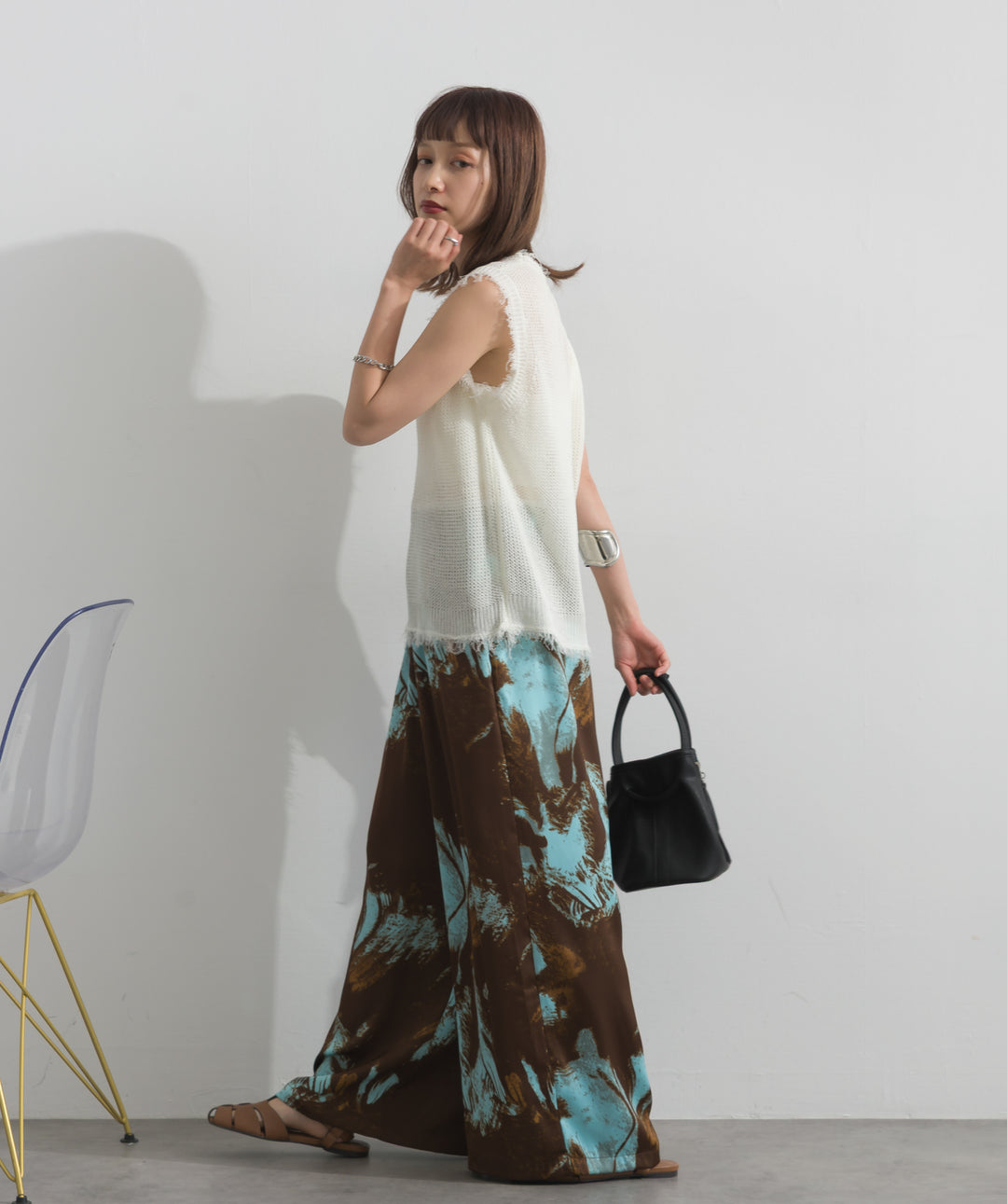 【SET】フリンジメッシュニットベスト+ニュアンスアートワイドパンツ(2set)