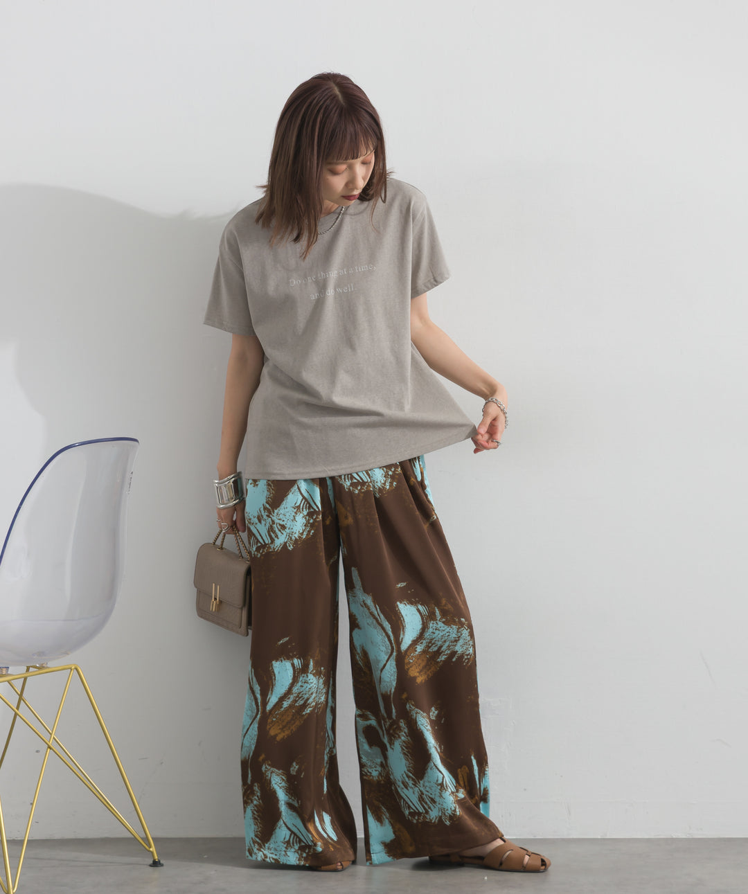 【SET】ロゴクルーネックTシャツ+ニュアンスアートワイドパンツ(2set)