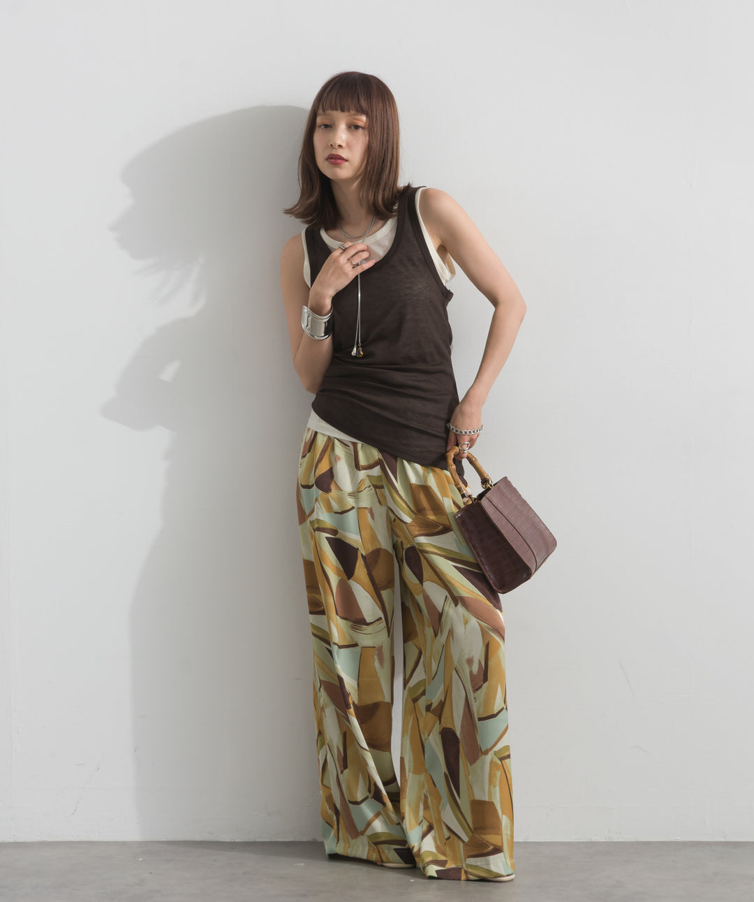 【SET】配色レイヤードドレープタンクトップ+ニュアンスアートワイドパンツ(2set)