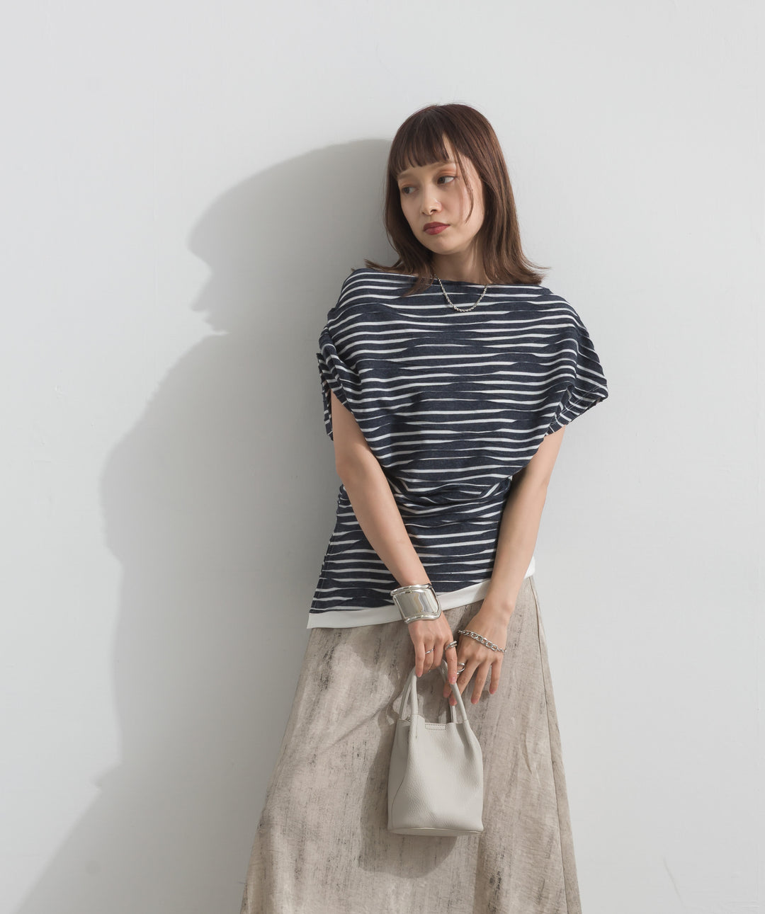 【SET】アシンメトリードレープボーダートップス+ニュアンスプリントロングスカート(2set)