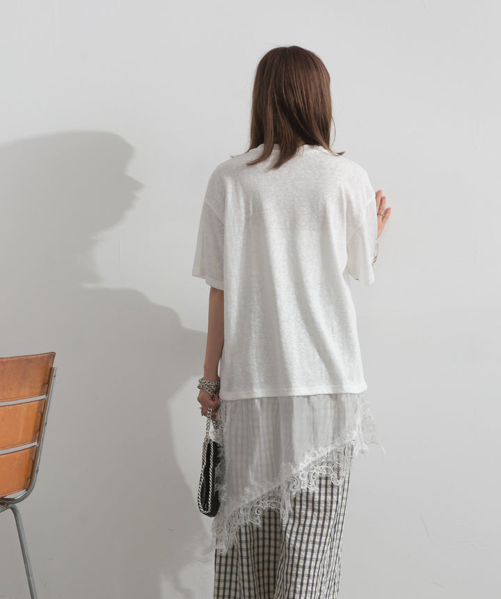 【SET】レースヘムレイヤードカットソー+ギンガムチェックワイドパンツ(2set)