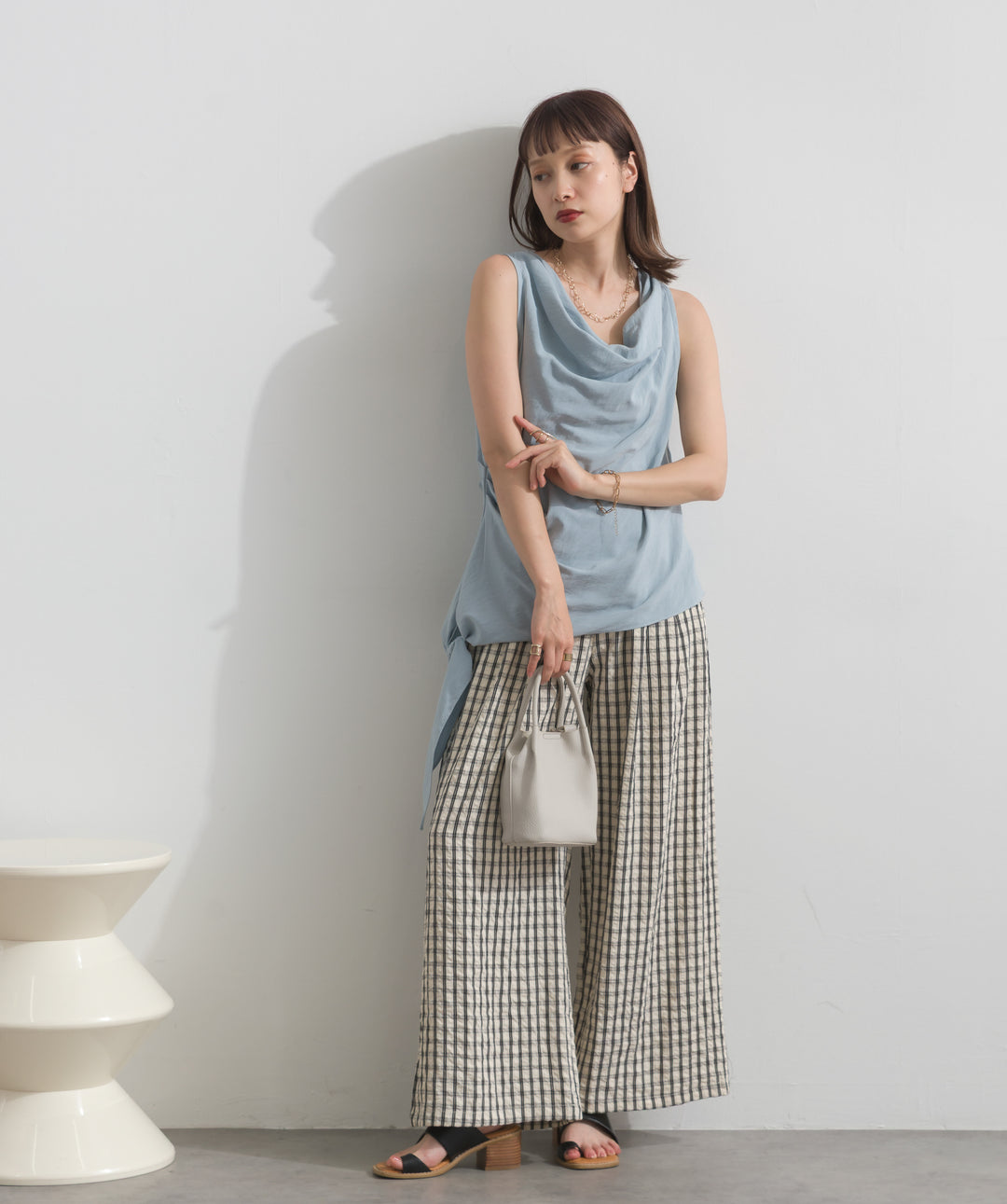 【SET】アシンメトリードレープノースリーブトップス+ギンガムチェックワイドパンツ(2set)