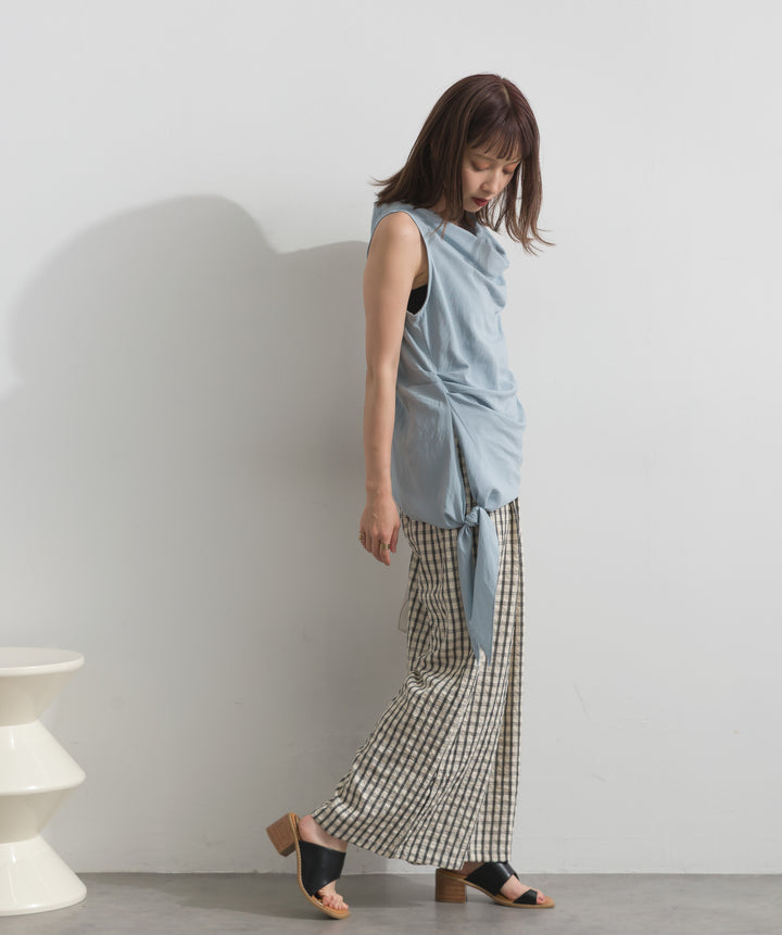 【SET】アシンメトリードレープノースリーブトップス+ギンガムチェックワイドパンツ(2set)