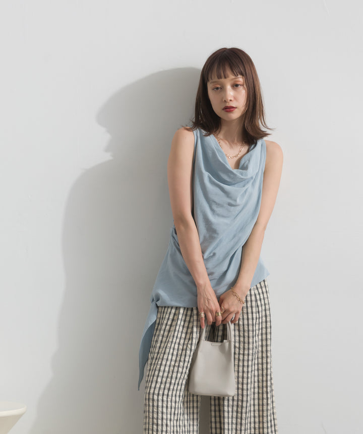 【SET】アシンメトリードレープノースリーブトップス+ギンガムチェックワイドパンツ(2set)
