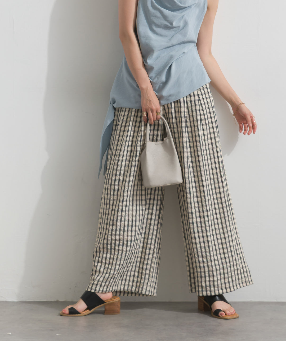 【SET】アシンメトリードレープノースリーブトップス+ギンガムチェックワイドパンツ(2set)