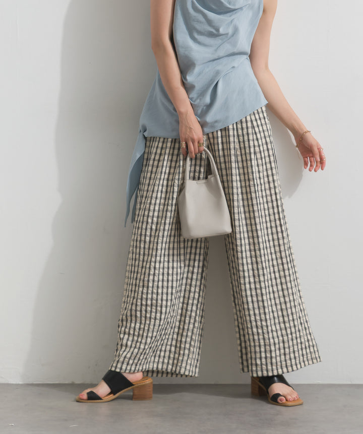 【SET】アシンメトリードレープノースリーブトップス+ギンガムチェックワイドパンツ(2set)