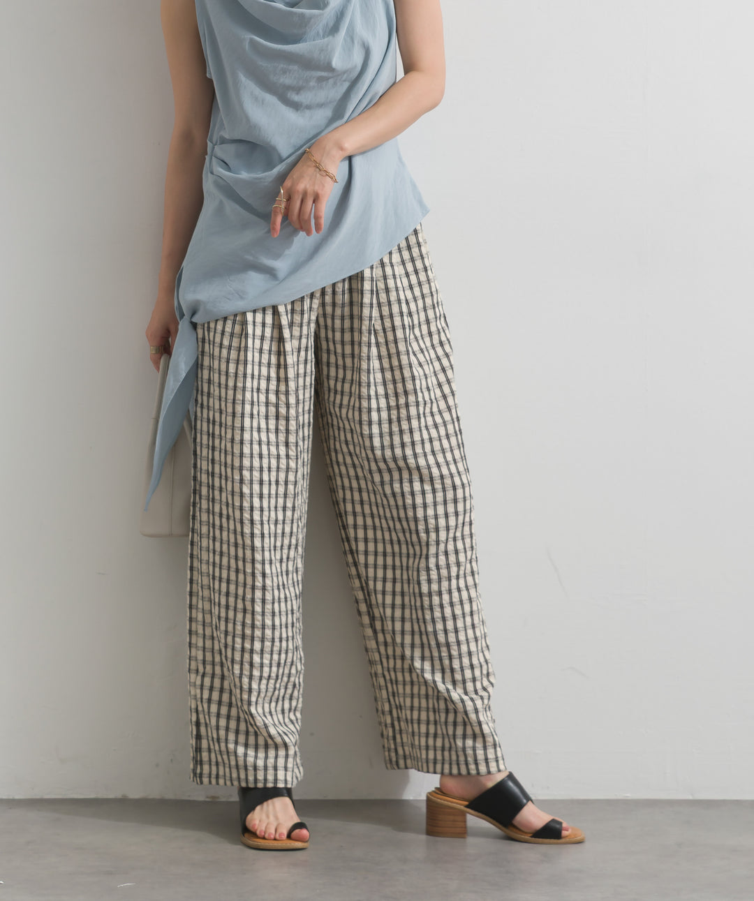 【SET】アシンメトリードレープノースリーブトップス+ギンガムチェックワイドパンツ(2set)
