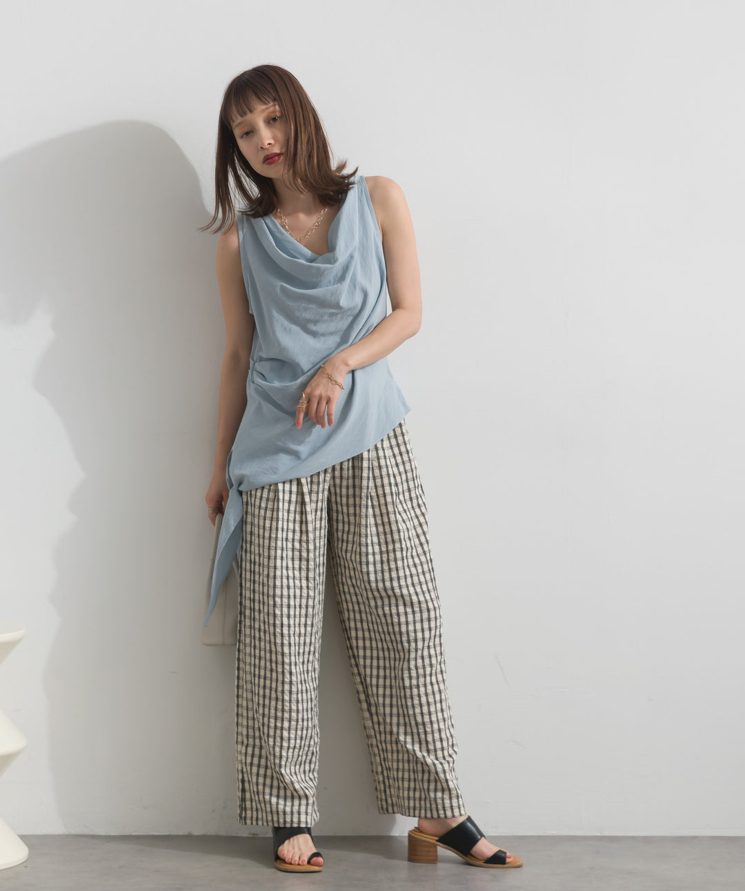 【SET】アシンメトリードレープノースリーブトップス+ギンガムチェックワイドパンツ(2set)