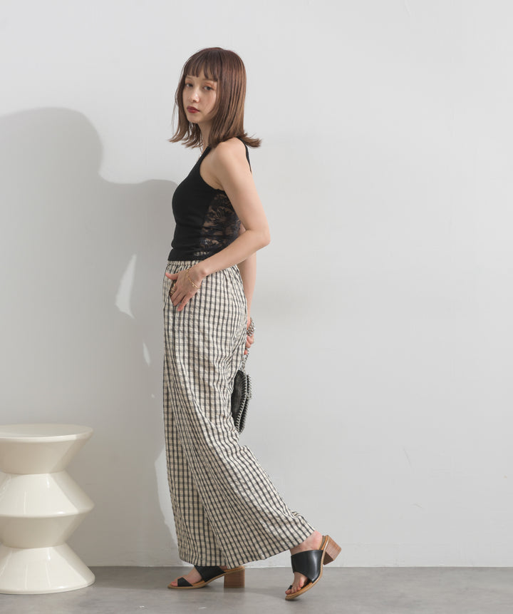 【SET】バックフラワーレースリブタンクトップ+ギンガムチェックワイドパンツ(2set)