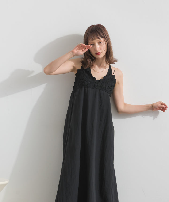 【SET】バックフラワーレースリブタンクトップ+クロシェレースキャミワンピース(2set)