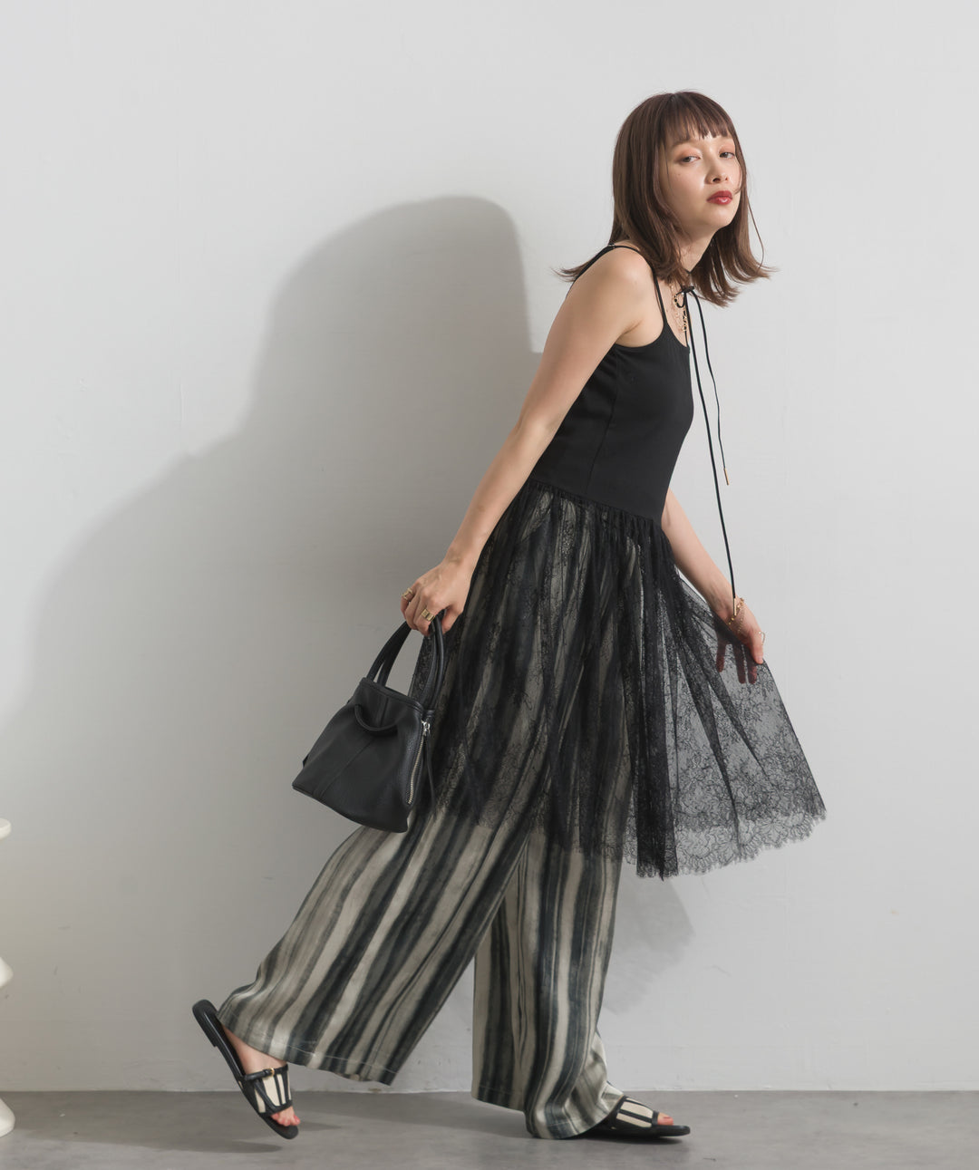 【SET】レースヘムフライスロングキャミ+アートプリントワイドパンツ(2set)